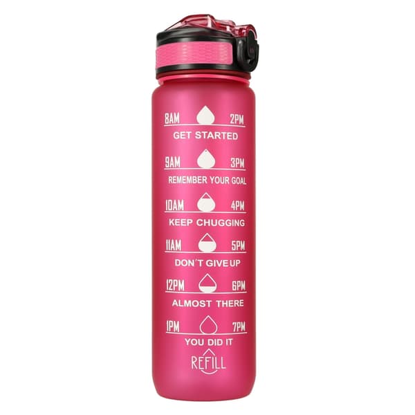 Vattenflaska med Sugrör & Tidsmarkör - 1L - Pink