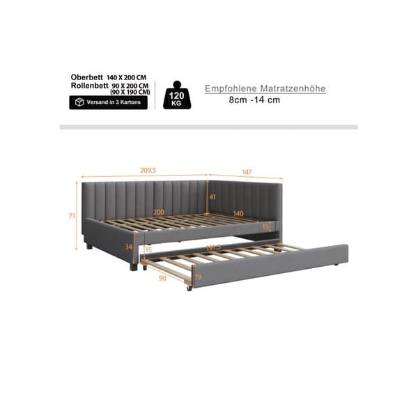 Sofaudvikling - MUVOE - 140x200 - Grå fløjl - Multifunktionelt design - Optimal komfort