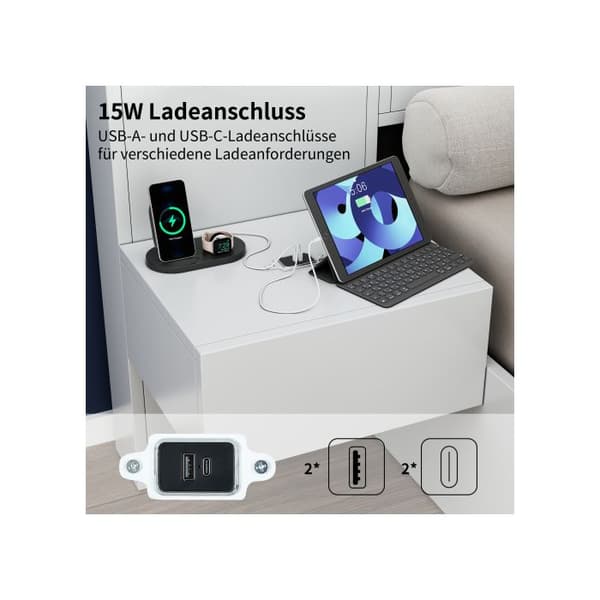 Dobbelt seng - MUVOE - 160×200 cm - Træ - Ambientelys & Bluetooth - USB-A/USB-C porte