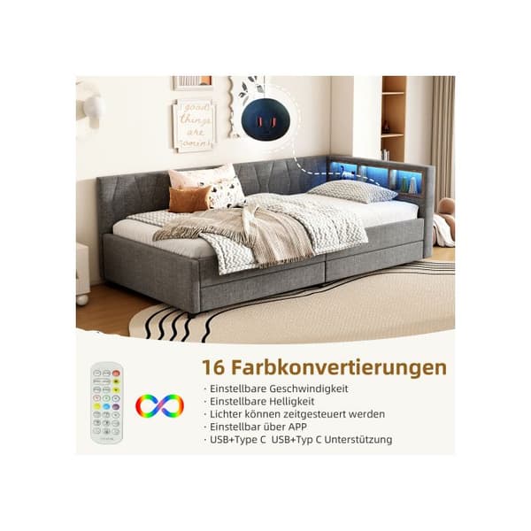 Sofaseng, 90*200 cm, Dagbænk, Sofaseng, Opbevaringsrum til sengen, USB+Typ C (uden madras), Linned, Grå