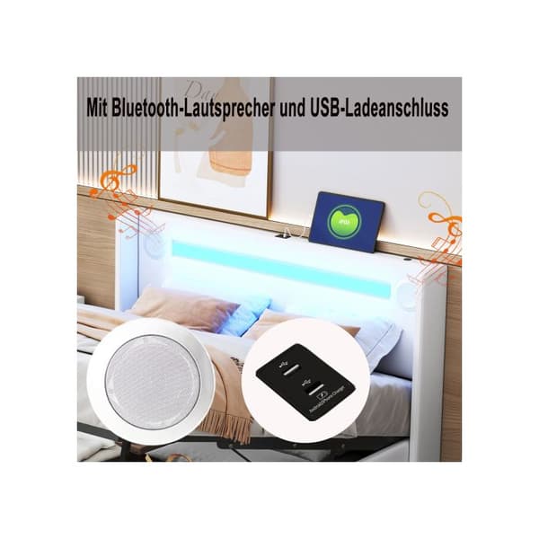 Polstret seng - MUVOE - 140x200 - LED-striber - Bluetooth - USB-oplader