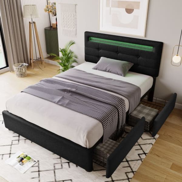 Sengestel - MUVOE - 90x200 cm - Sort - LED-belysning - 2 skuffer