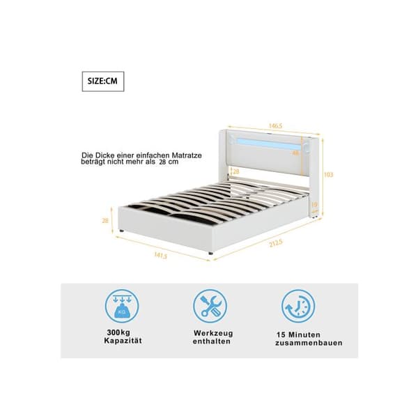 Polstret seng - MUVOE - 140x200 - LED-striber - Bluetooth - USB-oplader