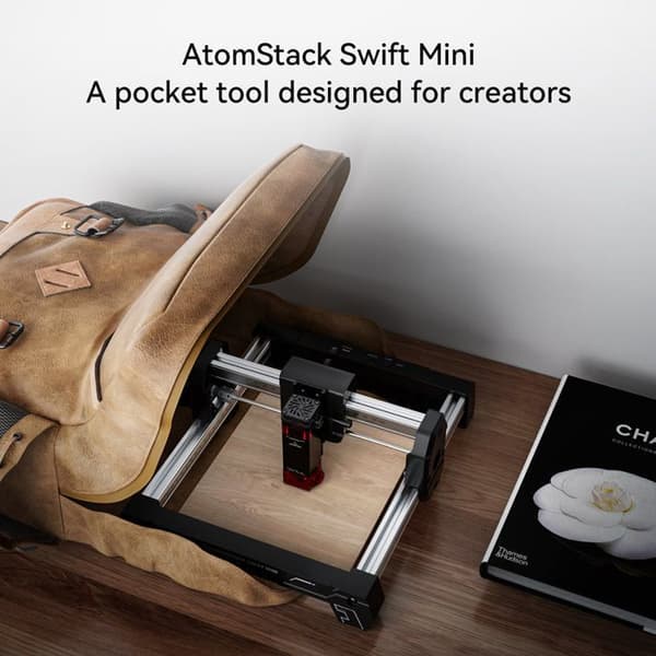 3D-printer Atomstack Swift mini, kompatibel med infrarøde laser-moduler, monobloc design, AI-software