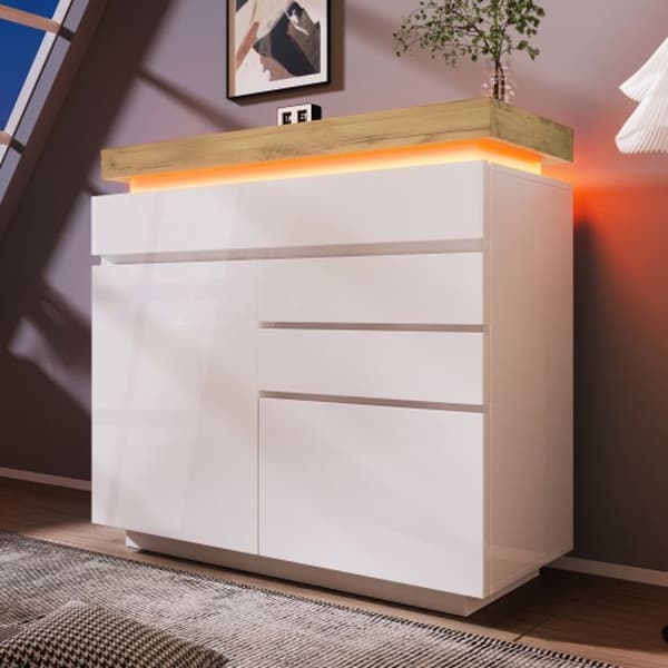 Kommode - MUVOE - Buffet Brillant - 2 Døre - 3 Skuffer - LED-belysning