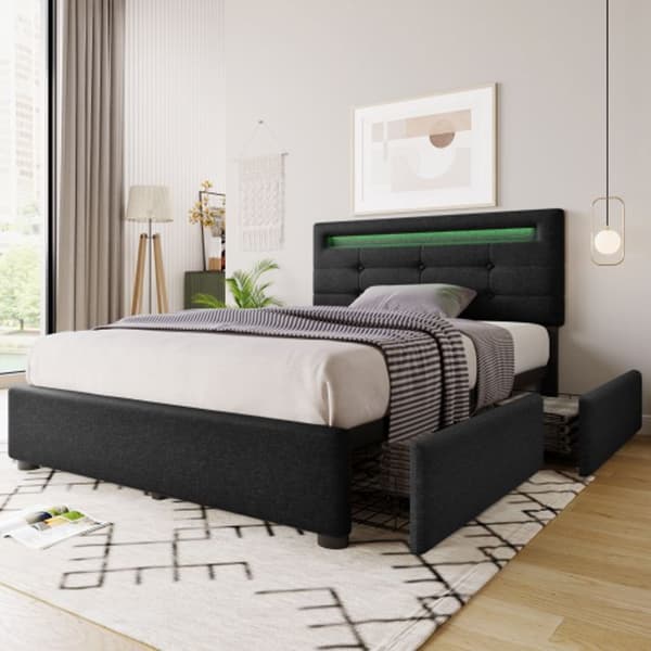 Sengestel - MUVOE - 90x200 cm - Sort - LED-belysning - 2 skuffer