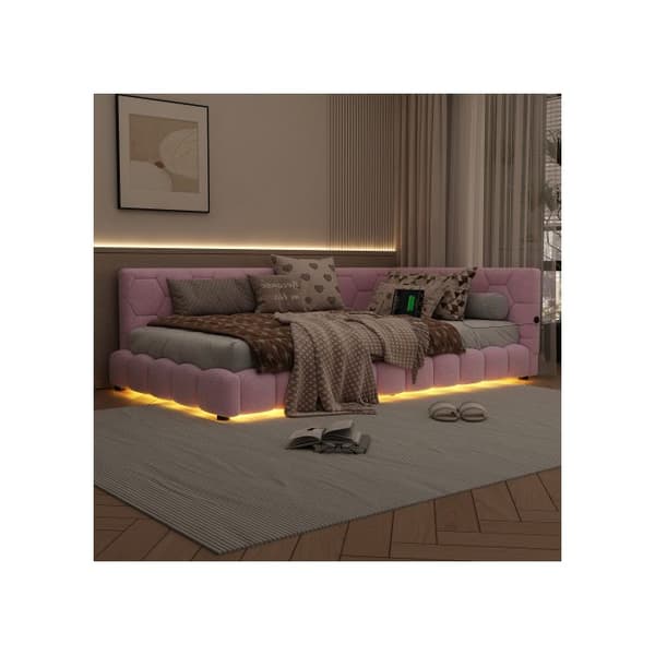 Seng til dagbrug, 90*200 cm (uden madras), ambientelys 16 farver, USB-interface, simili-ulld, rosa