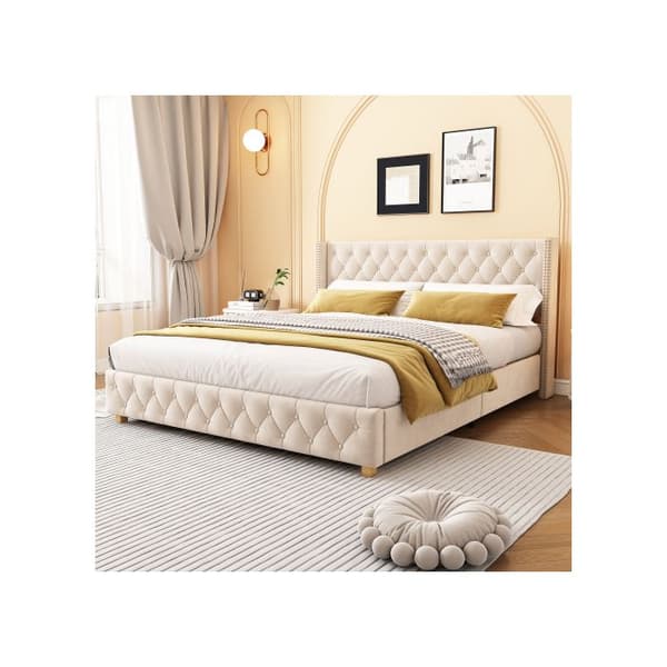 Polstret seng - 160x200 cm - Lys beige - Lattenbox - Elegant design