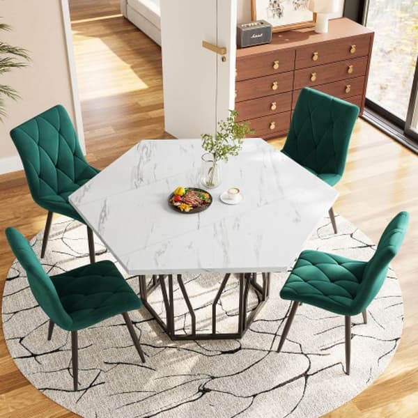 Modern hexagonal marble dining table + 4 green velvet dining chairs