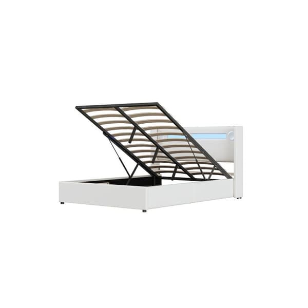 Polstret seng - MUVOE - 140x200 - LED-striber - Bluetooth - USB-oplader