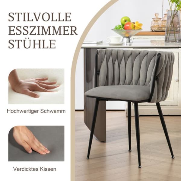 Matstol - HEDATX - Grå sammet - Set om 2 - Handvävd design - Guldmetallben