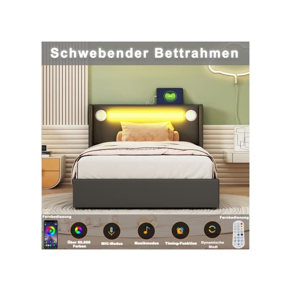 Barneseng - MUVOE - 90x200 - Bluetooth - USB - Hydraulisk opbevaring