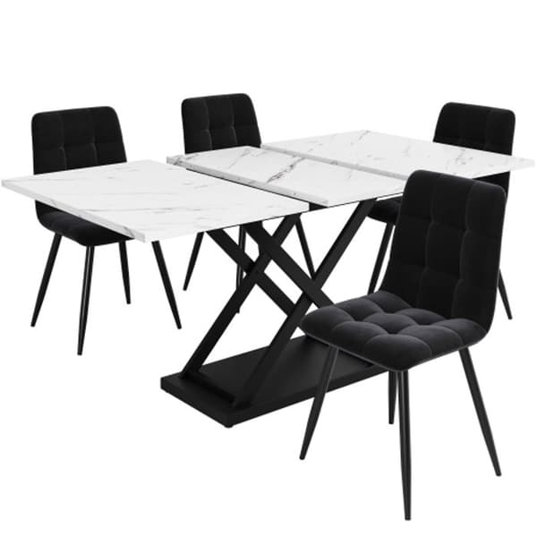 Spisestue sæt - MUVOE - 5 dele - Hvid rektangulær bord - 4 sorte stole - 6 pladser