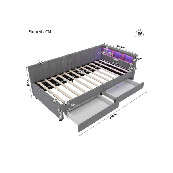 Sofaseng, 90*200 cm, Dagbænk, Sofaseng, Opbevaringsrum til sengen, USB+Typ C (uden madras), Linned, Grå