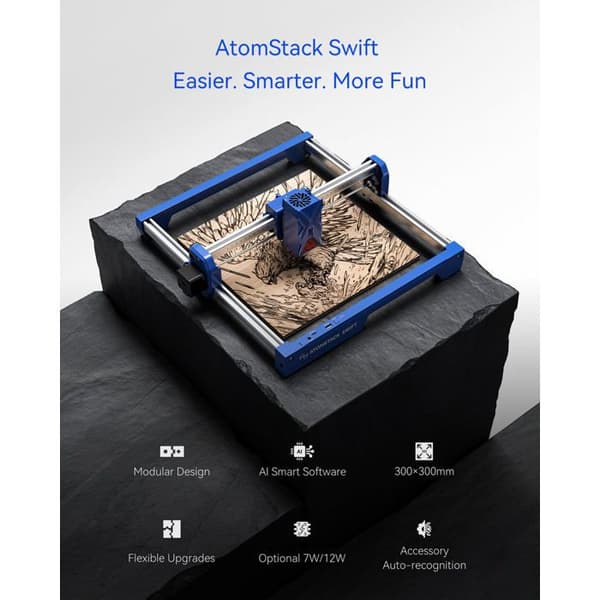 3D-printer Atomstack Swift, 300 x 300 mm, automatisk genkendelse af dele, 12 W strømforsyning