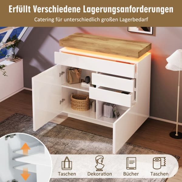 Kommode - MUVOE - Buffet Brillant - 2 Døre - 3 Skuffer - LED-belysning