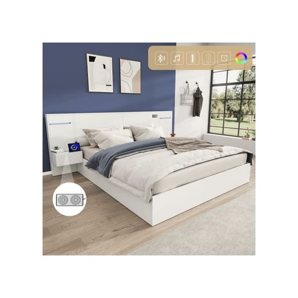 Dobbelt seng - MUVOE - 160×200 cm - Træ - Ambientelys & Bluetooth - USB-A/USB-C porte