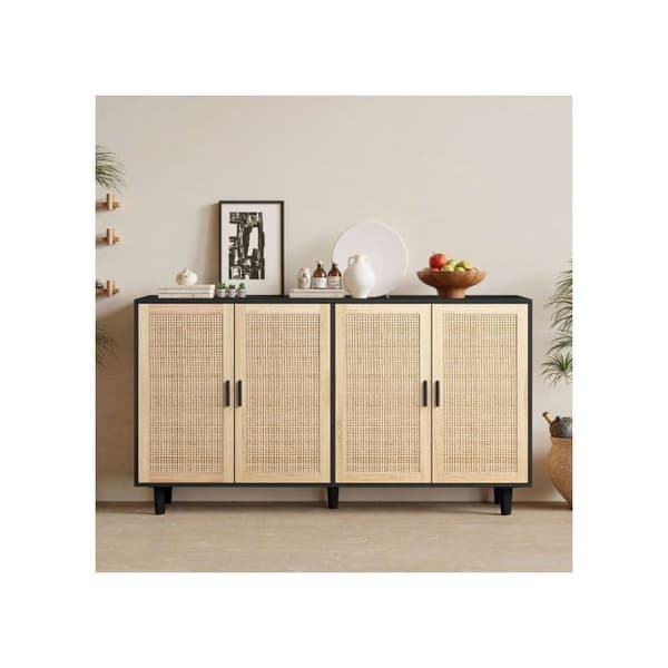 Opbevaringsmøbel - MUVOE - 4 døre - Sort - Rattan - Justerbar hylde