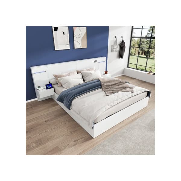 Dobbelt seng - MUVOE - 160×200 cm - Træ - Ambientelys & Bluetooth - USB-A/USB-C porte