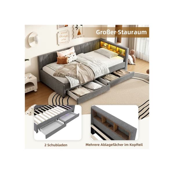 Sofaseng, 90*200 cm, Dagbænk, Sofaseng, Opbevaringsrum til sengen, USB+Typ C (uden madras), Linned, Grå
