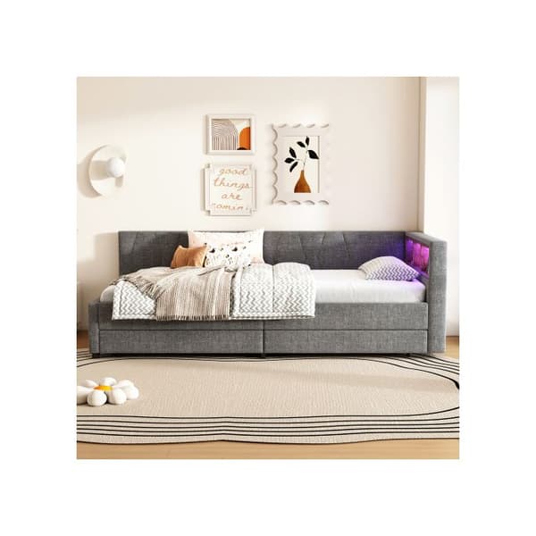 Sofaseng, 90*200 cm, Dagbænk, Sofaseng, Opbevaringsrum til sengen, USB+Typ C (uden madras), Linned, Grå