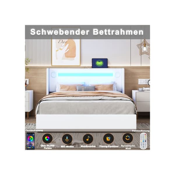 Polstret seng - MUVOE - 140x200 - LED-striber - Bluetooth - USB-oplader