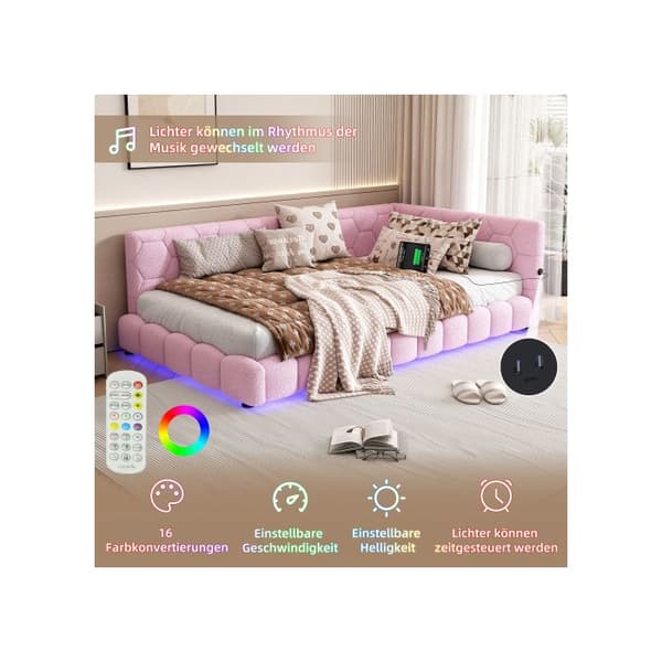 Seng til dagbrug, 90*200 cm (uden madras), ambientelys 16 farver, USB-interface, simili-ulld, rosa