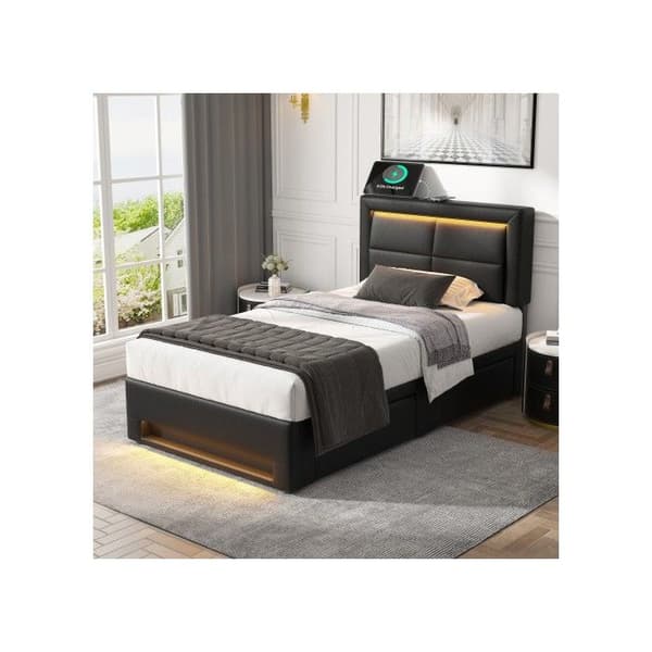 Polstret seng - MUVOE - 90x190 cm - USB - LED-belysning - 4 skuffer - Sort