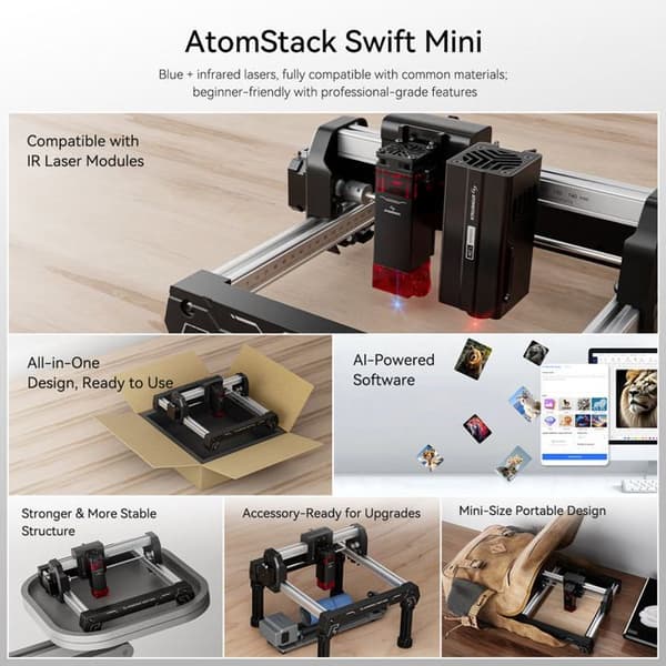 3D-printer Atomstack Swift mini, kompatibel med infrarøde laser-moduler, monobloc design, AI-software