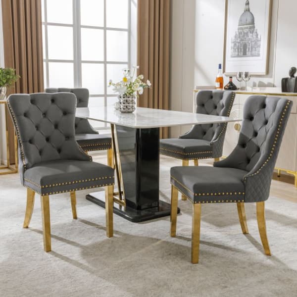 Spisestole - MUVOE - Grå/Guld - Velour - Sæt af 4 - Elegant Chic