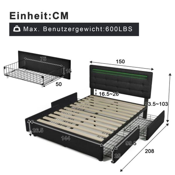Sengestel - MUVOE - 140x200cm - Sort - 4 skuffer - LED-belysning