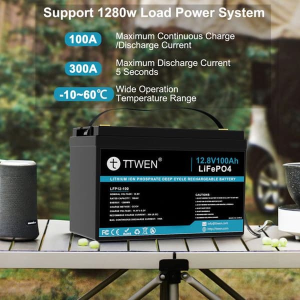 Marque TTWEN, 12 V 100 Ah med Bluetooth, 330 × 172 × 210 mm, med Bluetooth