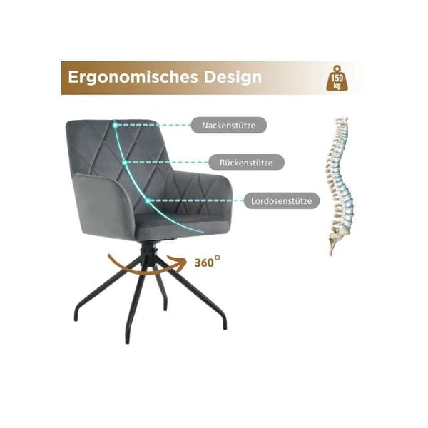 Matstolar - MUVOE - 4-pack - 360° svängbara - Mörkgrå sammet - Ergonomiska