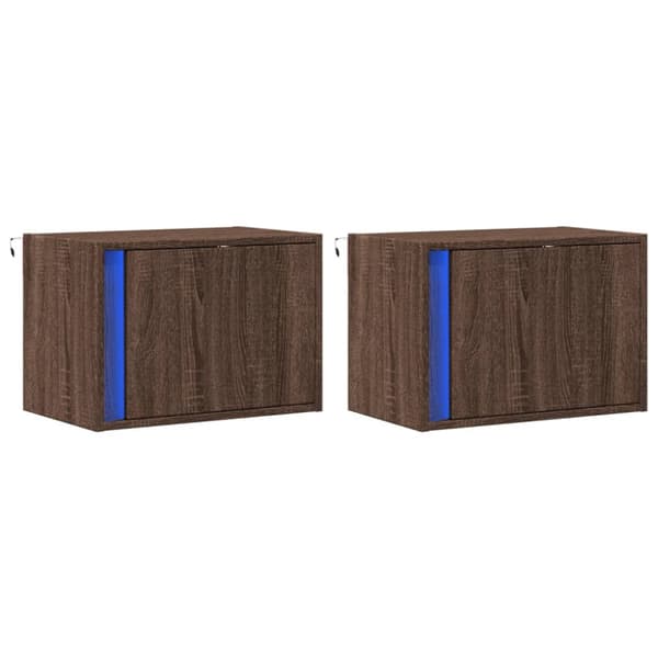 Väggmonterade sängbord med LED-lampor 2 st brun ek