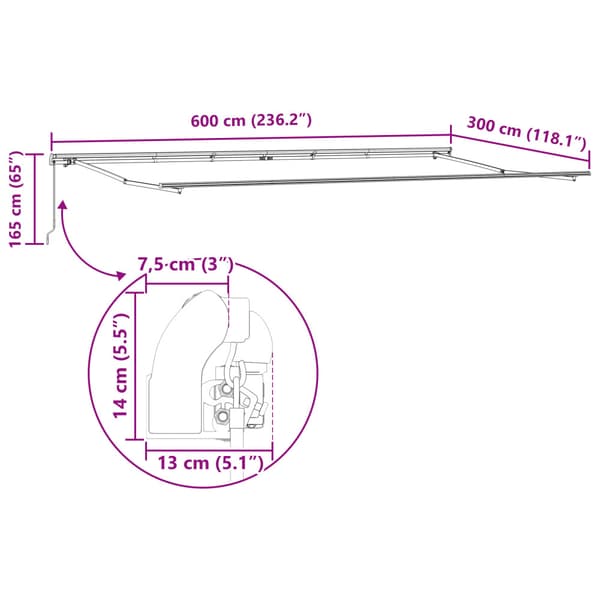 Utfällbar markis Vit 600 × 300 cm Polyester och aluminium