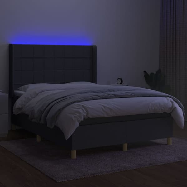 Ramsäng med madrass & LED mörkgrå 140x200 cm tyg