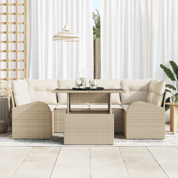 Trädgårdsoffset med kudde med lagring 7 pcs Beige Poly Rattan
