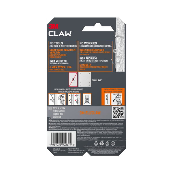 3M Claw Tavelkrok för gipsvägg 30 kg  2 krokar