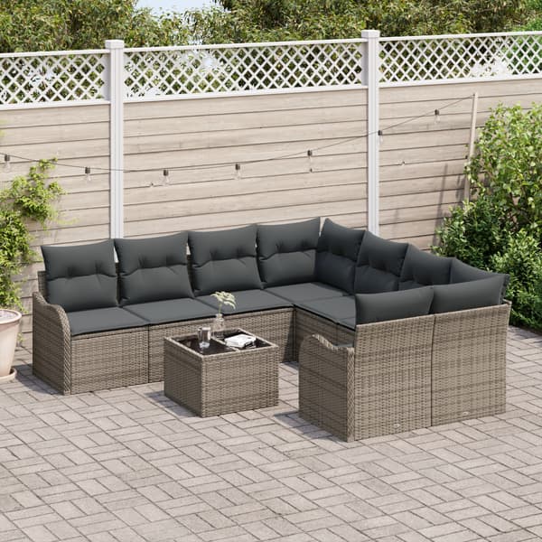 Trädgårdsoffset 9 pcs Grå Poly Rattan och Stål och Glas