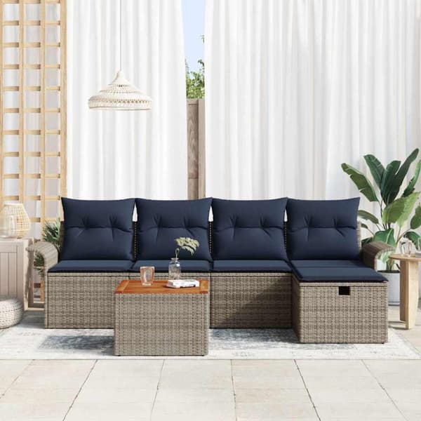 Trädgårdsoffset med kudde med lagring 6 pcs Grå Poly rattan