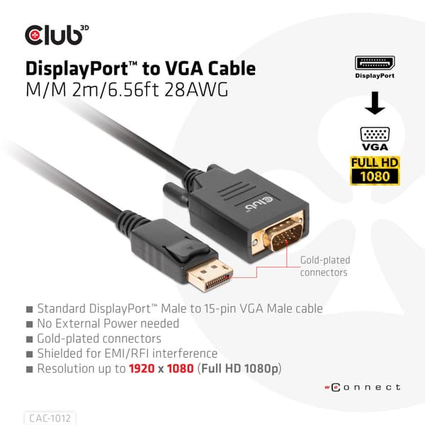 Club 3D - videoadapterkabel - DisplayPort till HD-15 (VGA) - 2 m