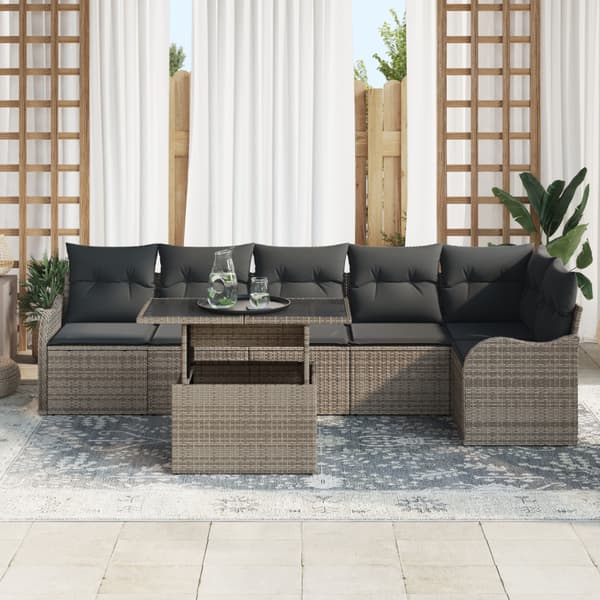 Trädgårdsoffset med kudde med kudde 7 pcs Grå Poly Rattan