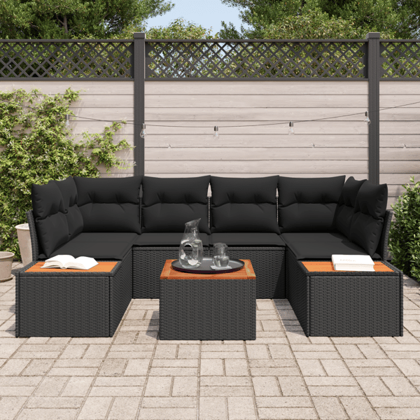 Trädgårdsoffset med kudde 6 pcs Svart Poly rattan