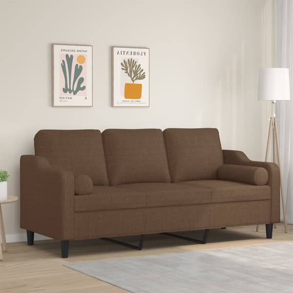 3-sitssoffa med prydnadskuddar brun 180 cm tyg