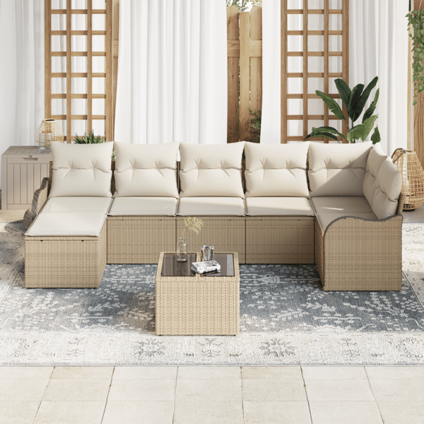 Trädgårdsoffset med kudde 8 pcs Beige och vit Poly rattan