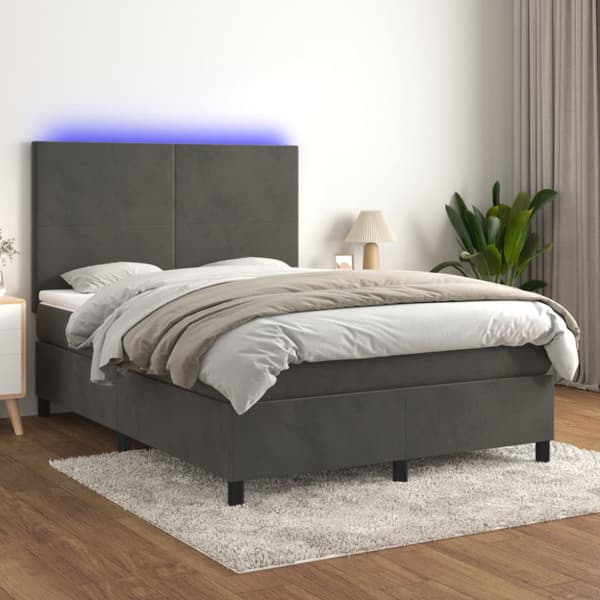 Ramsäng med madrass & LED mörkgrå 140x200 cm sammet