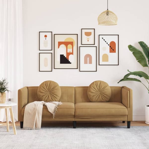 Soffa med kuddar 3-sits brun konstmocka