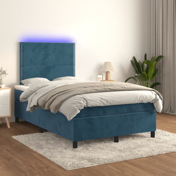 Ramsäng med madrass & LED mörkblå 120x190 cm sammet