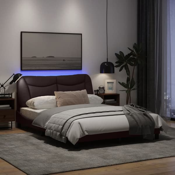 Bed Frame with LED without Mattress "Hvar" Dark Brown 140x190 cm Fabric