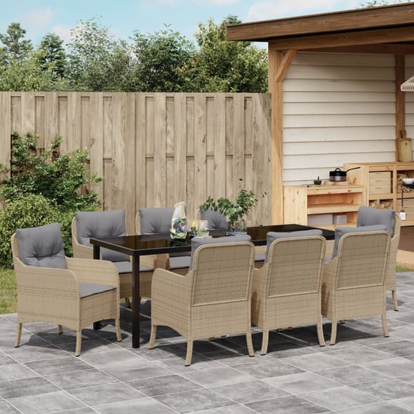 Trädgårdsmöbelset med kudde 9 pcs Beige konstrotting